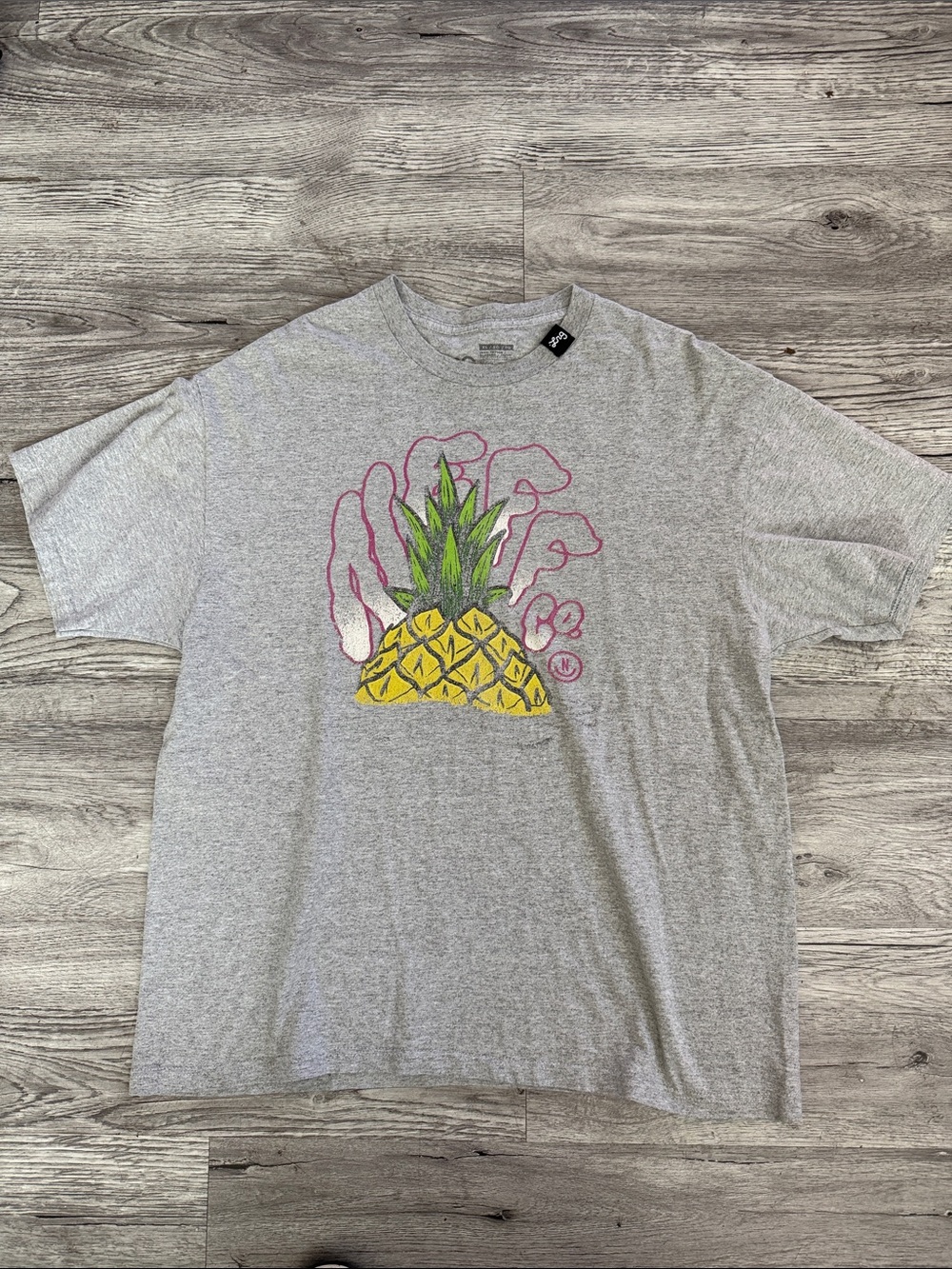 Lrg X Neff Gray Graphic Tee with Green Pineapple and Pink Accents